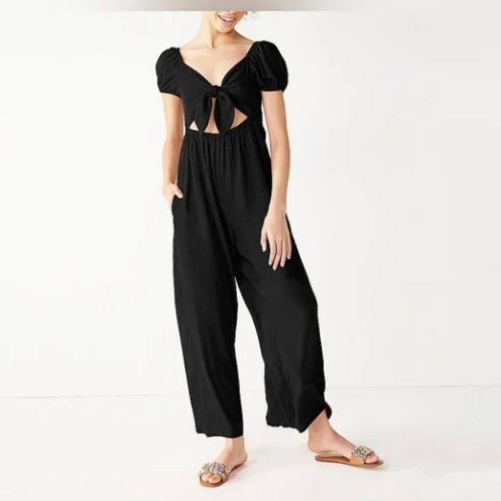 CLEARANCE! Rewind Size Medium Cutout Tie Front Black Jumpsuit Linen Blend